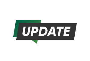 A graphic logo featuring the word "UPDATE" in bold white capital letters on a dark grey rectangular banner, layered over a diagonal green geometric shape.