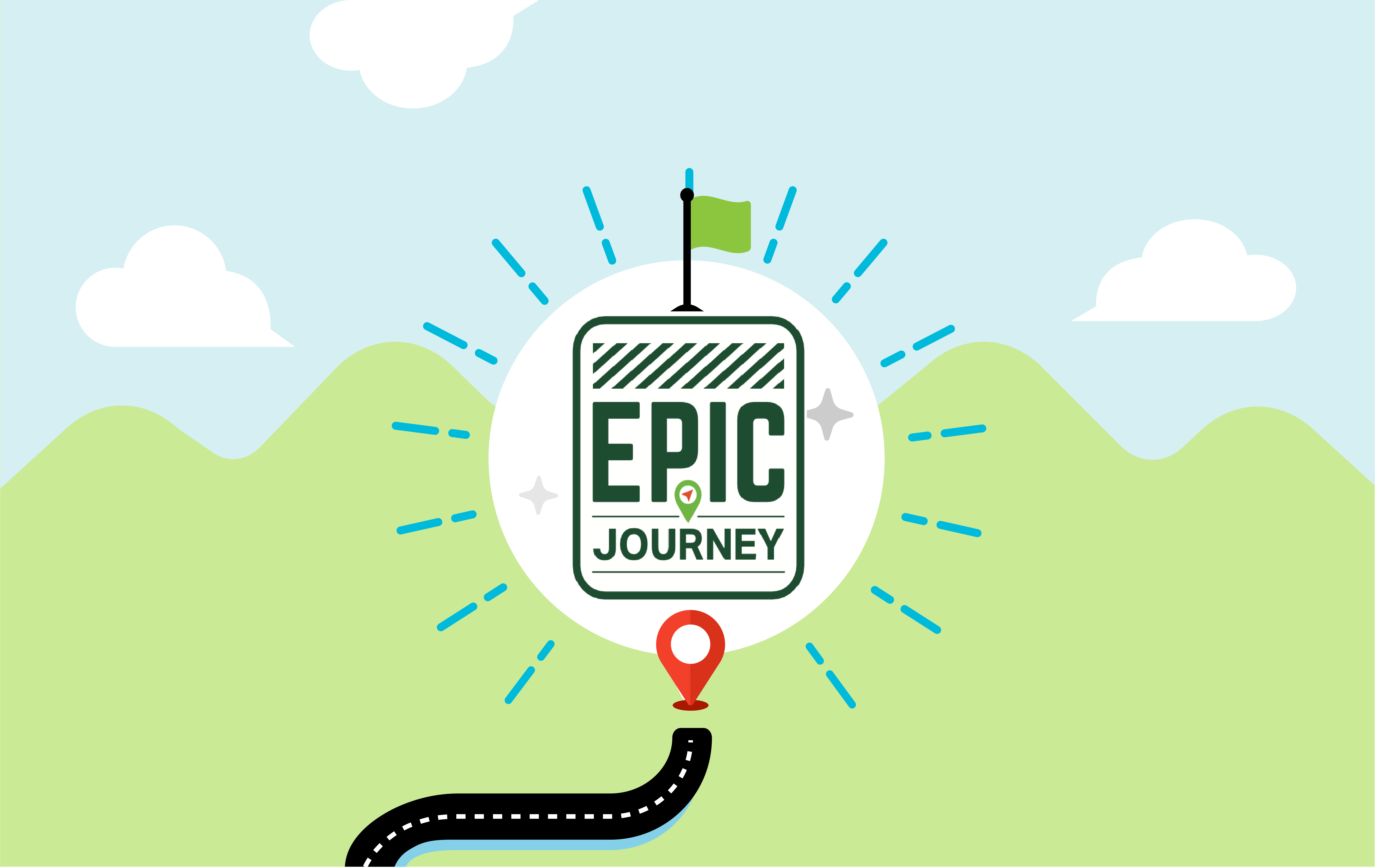 Illustration of a curved road leading to a sign reading "Epic Journey" with a green flag atop. Background features green hills and white clouds.