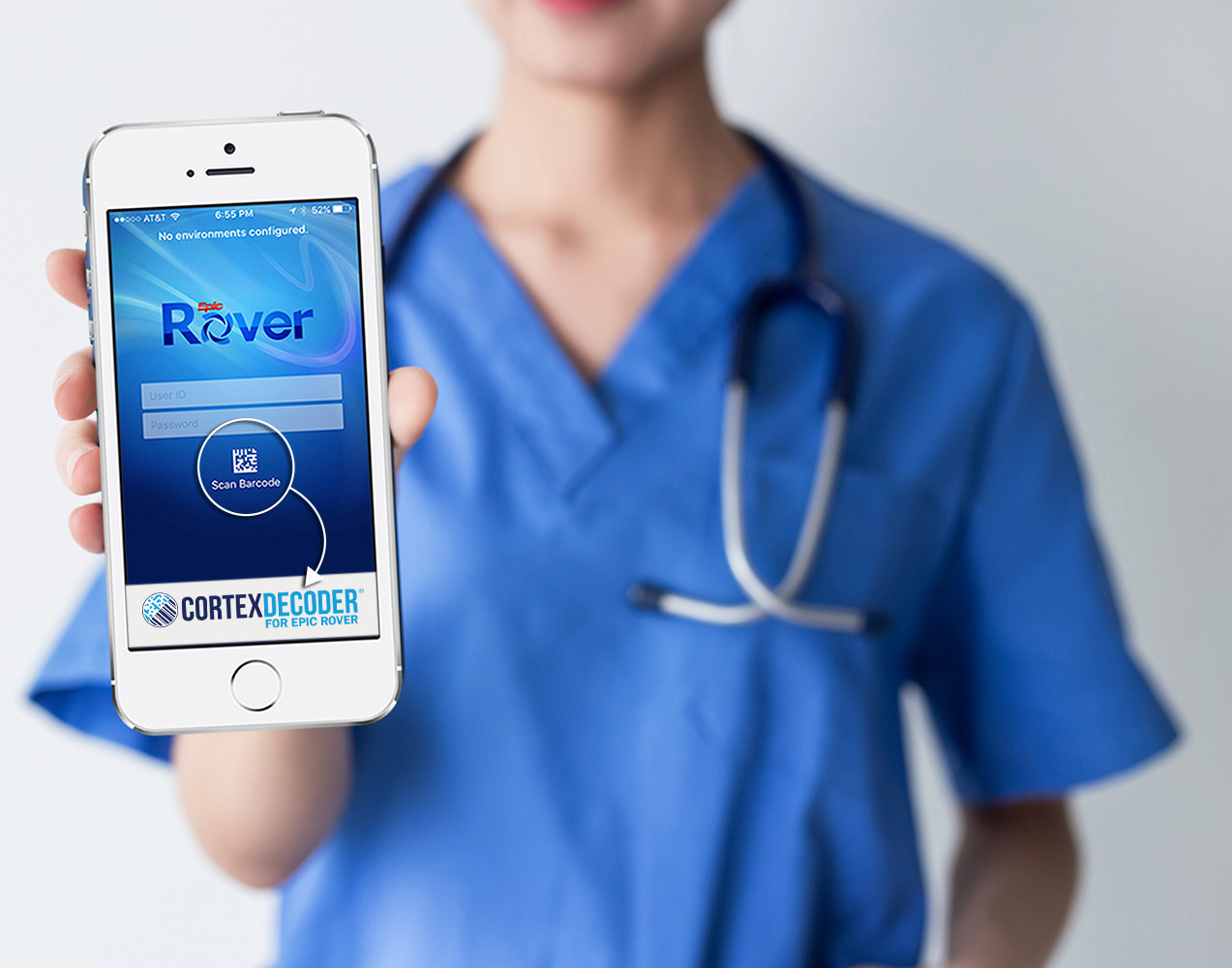 A person in blue medical scrubs, holding a smartphone displaying the Rover app login screen, with a stethoscope visible around their neck.
