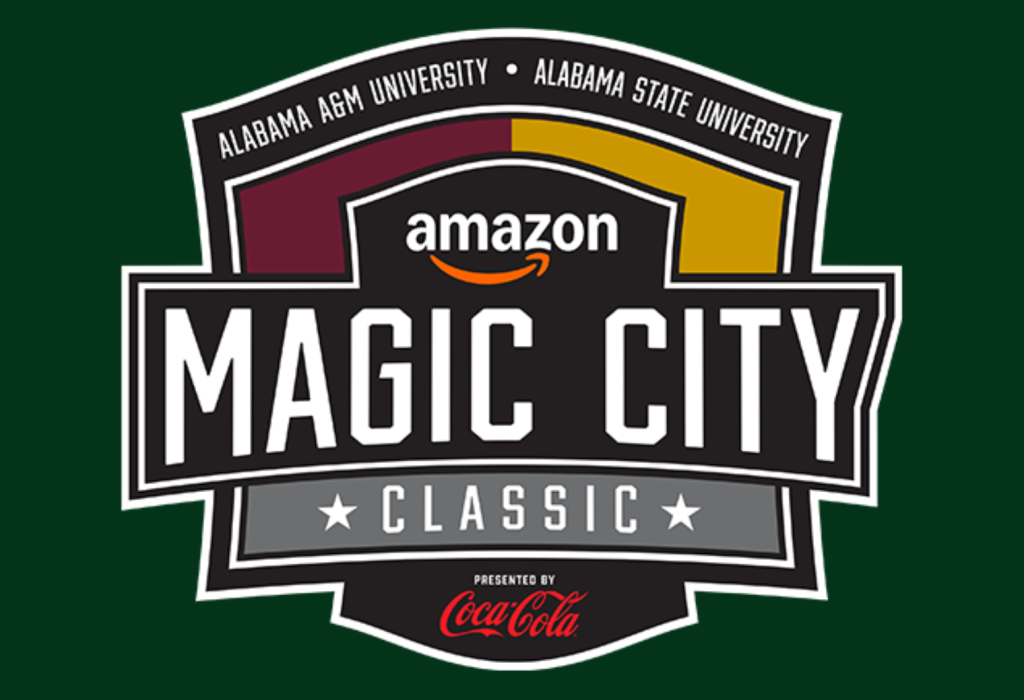 Dark green background with logo for the Magic City Classic sponsored by Amazon and Coca-Cola. Features Alabama A&M and Alabama State in maroon and gold colors on a black background.