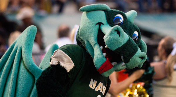 A green dragon mascot with big eyes and wings, wearing a dark green jersey, stands cheerfully on a sports field with a blurred crowd in the background.