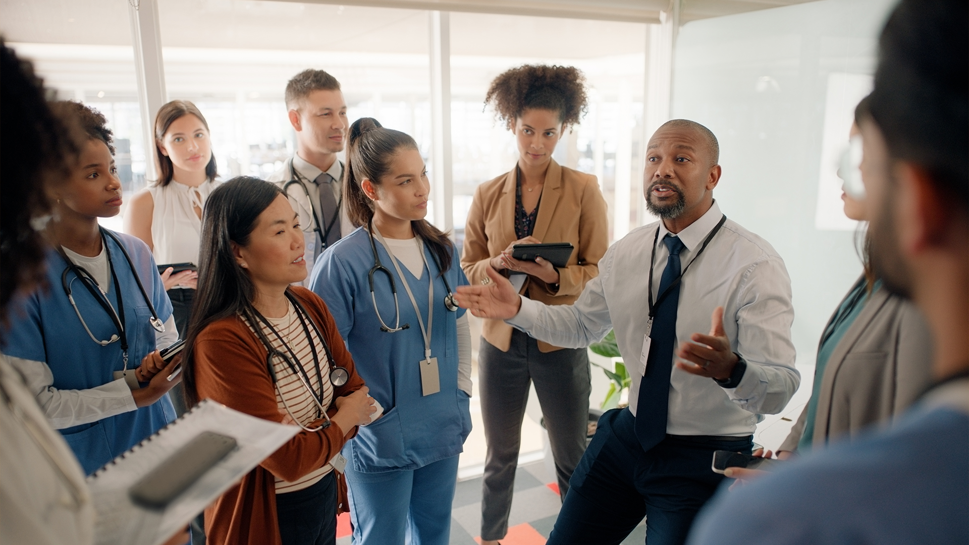 Diverse hospital team in a discussion