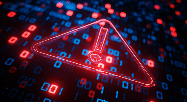 Red warning symbol with exclamation mark over blue binary code background. The image conveys a sense of digital security alert or error.