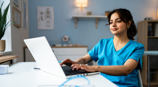 A woman in blue scrubs sits at a desk using a laptop. The room has a calm, professional atmosphere with medical decor and soft lighting.