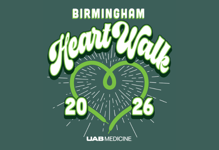 Text reading "Birmingham Heart Walk 2026" in bold white and green font, with a stylized heart outline and radiant lines. UAB Medicine logo below.