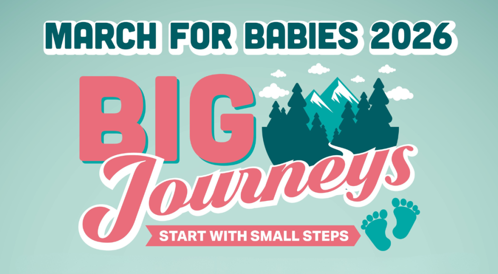 "Teal and pink graphic with 'March for Babies 2026' text above 'Big Journeys' and 'Start with Small Steps.' Features mountains, trees, and baby footprints."