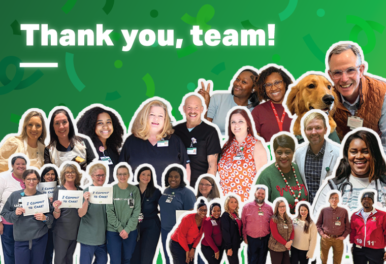 A celebratory collage of diverse UAB Medicine employees smiling, some holding "I Commit to Care" signs, under the text "Thank you, team!" against a green confetti background.