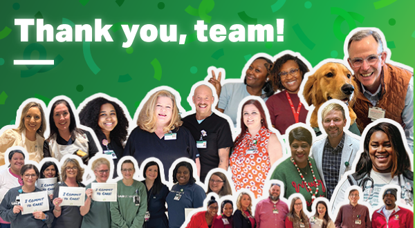 A celebratory collage of diverse UAB Medicine employees smiling, some holding "I Commit to Care" signs, under the text "Thank you, team!" against a green confetti background.