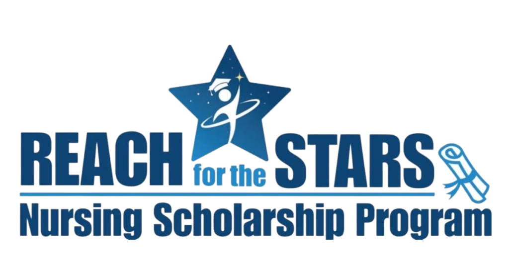 Logo for Reach for the Stars Nursing Scholarship Program. A figure with a graduation cap inside a star, next to a diploma icon, in blue.