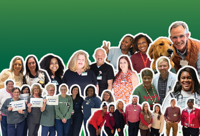 A vibrant collage featuring a diverse group of over twenty healthcare professionals smiling and a golden retriever service dog, all set against a green background.