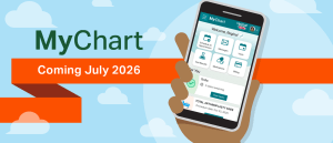 UAB Medicine MyChart phone app with "Coming July 2026" tagline.