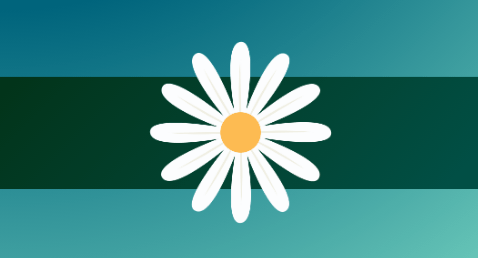Logo graphic featuring a stylized daisy flower with white petals and a golden-yellow center. The flower is centered against a background composed of three horizontal gradient stripes in varying shades of dark teal and seafoam green.