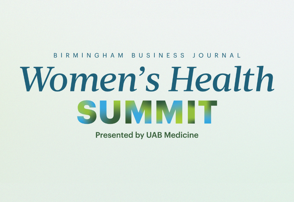 Promotional event graphic on a pale green gradient background. At the top, the text reads "Birmingham Business Journal" in a spaced, dark blue sans-serif font. The main title features "Women's Health" in a large, dark blue serif font, above the word "SUMMIT" written in thick, block letters with a blue and lime-green gradient fill. The bottom text reads "Presented by UAB Medicine" in a bold, solid green sans-serif font.